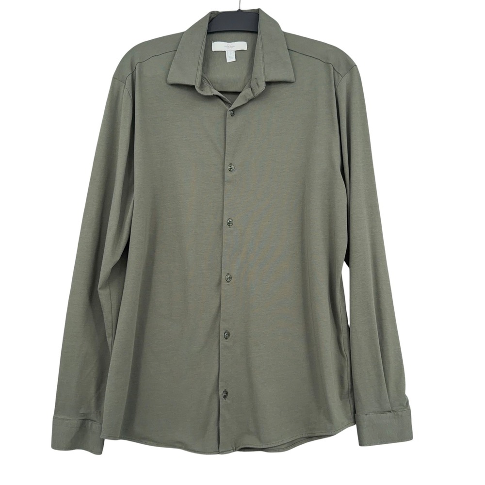 River Island Button Down Men L Viscose Blend Olive Green Long Sleeve Shirt
